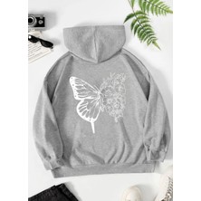 Kids Face Kapüşonlu Beyaz Kelebek Sırt Baskılı 3 İplik Şardonlu Pamuk Kız Çocuk Sweatshirt