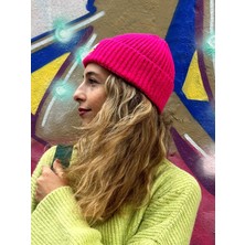 Sofist İstanbul Fuchsia Beanie Fuşya Rengi Dokuma Etiketli Soft Yıkama Yünlü Katlamalı Örgü Bere