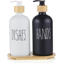 Morponi Bambu Standlı 2’li Siyah-Beyaz Mutfak Sıvı Sabunluk ve Deterjanlık Seti 500ML+500ML