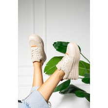Shoetek Dael Kadın Sneakers Bağcıklı Spor Ayakkabı Bej Deri