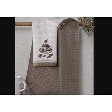 Es Dekor Pamuk Mutfak Havlusu Tekstili 40X60 2'li Kahve Beyaz Bej Nakışlı Desen Style Home