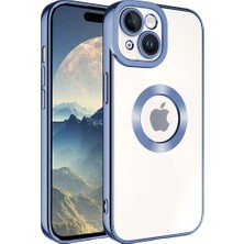 Case World Apple iPhone 15 Kapak Yanları Renkli Lens Korumalı Logo Gösteren Şeffaf Luxury Silikon Kılıf - Mavi