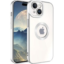 Case World Apple iPhone 15 Plus Kapak Yanları Renkli Lens Korumalı Logo Gösteren Şeffaf Luxury Silikon Kılıf - Gümüş