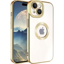 Kzy Apple iPhone 15 Plus Kapak Yanları Renkli Lens Korumalı Logo Gösteren Şeffaf Luxury Silikon Kılıf - Gold