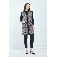 Fresh Moda Kadın Vizon Desenli Cepli Uzun Kışlık Triko Anne Yelek