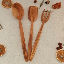 Artful Wooden Ahşap Tahta Servis, Sunum Kaşık, Spatula, Çatal Seti - El Yapımı Zeytin Ağacı