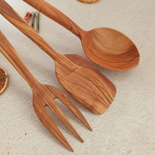 Artful Wooden Ahşap Tahta Servis, Sunum Kaşık, Spatula, Çatal Seti - El Yapımı Zeytin Ağacı