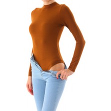 Penye Bizden Kadın Viskon Boğazlı Slim Fit Kahve Zıbın Body Uzun Kol %95 Viskon XL Beden