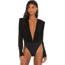 By Kul Design Kadın Siyah Derin Dekolte Jarse Bodysuit