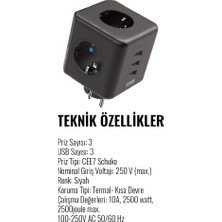 Wlue Çoklu Priz Kablosuz Akım Korumalı Isıya Dayanıklı Çocuk Korumalı 3x USB 3.0 3x Fiş 10A 2500W