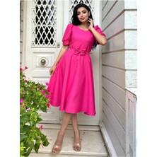 Küçüğüm Butik Fuşya Rengi Kloş Model Karpuz Kol Krep Elbise