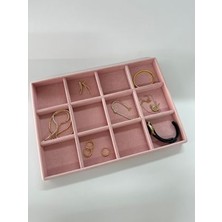 Megas Dekor Yerli Üretim Süet Kumaş Pembe Renk 34 cm / 24 cm  12 Bölmeli Çekmece Içi Takı Standı