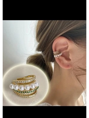 Ares Collection Kararmaz Zirkon Taşlı Incili Earcuff Sıkıştırmalı Kıkırdak Conch Orbital Delik Gerektirmeyen Küpe