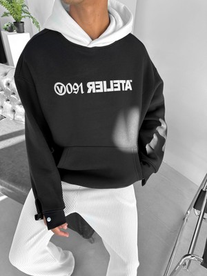 Abluka Online Oversize Baskılı Kapüşonlu Sweatshirt Siyah