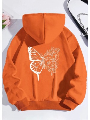 Kids Face Kapüşonlu Beyaz Kelebek Sırt Baskılı 3 İplik Şardonlu Kışlık Kız Çocuk Sweatshirt