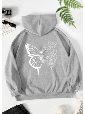 Kids Face Kapüşonlu Beyaz Kelebek Sırt Baskılı 3 İplik Şardonlu Pamuk Kız Çocuk Sweatshirt