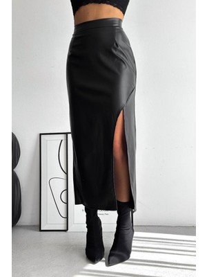 KaSheHa Siyah Deri Etek Uzun Yırtmaçlı Beli Lastikli L Beden Düz Desenli Şık Tasarım KSH00329