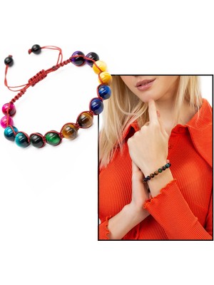 Gümüş Hediye Al Kırmızı Makrome Örgülü Küre Kesim Çoklu Kaplangözü Doğaltaş Kombinli Kadın Enerji Bilekliği