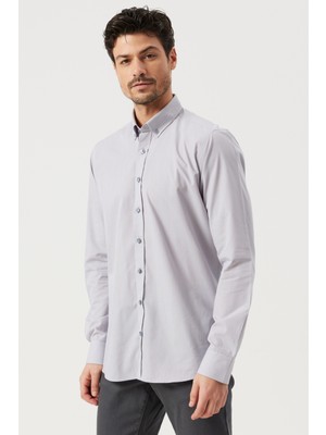 ALTINYILDIZ CLASSICS Erkek Gri Slim Fit Dar Kesim Düğmeli Yaka Desenli Gömlek