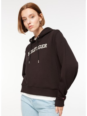 Tommy Hilfiger Kapüşon Yaka Baskılı Siyah Kadın Sweatshırt WW0WW40296BDS003