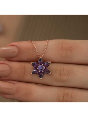 Mevafa 925 Ayar ​gümüş Rose Mor Çiçek Kolye
