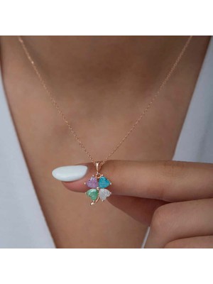Mevafa 925 Ayar Gümüş Rose Renkli Taşlı Yonca Kadın Gümüş Kolye
