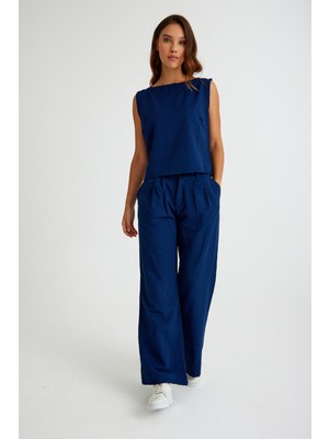 Barbora Keten Günlük Rahat  Kolsuz  Alt Üst Kadın Takım LN08LACIVERT4