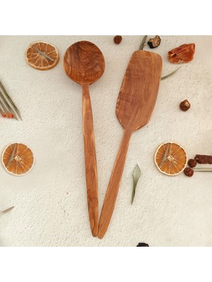 Artful Wooden Ahşap Tahta Kaşık ve Spatula Seti - El Yapımı - Zeytin Ağacı- 33 cm