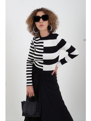 Zelish My Sister Siyah Mix Çizgili Crop Kazak