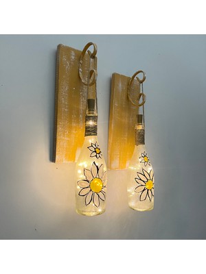Peri LED Işıklı Sarı Ahşap Renkli Vitray Cam Salon Bar Bahçe Dekoru Şampanya Şişesi Aplik 2'li Set