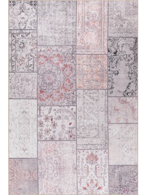 Artloop Folk Patchwork Desenli Dokuma Taban Dekoratif Gri Halı (Ba 13)