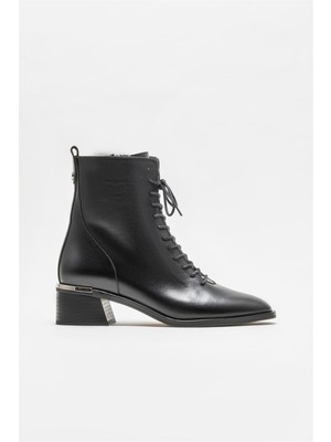 Elle Siyah Deri Kadın Topuklu Bot