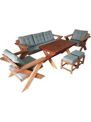 Zerka Concept Berlin Masif Ahşap Bahçe Balkon Koltuk Kestane Ağacı 3+1+1 Koltuk, Masa ve Puf Takımı Gri K.t.