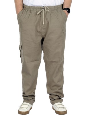 ModeXL Büyük Beden Erkek Gabardin Kargo Jogger Pantolon Bej 21928 Rahat Kumaş