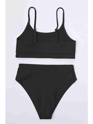 Markano Yüksek Bel Özel Kumaş Tankini Bikini Üstü Siyah