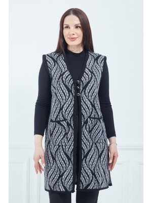 Fresh Moda Kadın Gri Desenli Cepli Uzun Kışlık Triko Anne Yelek