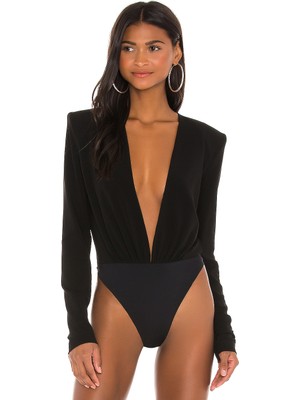 By Kul Design Kadın Siyah Derin Dekolte Jarse Bodysuit