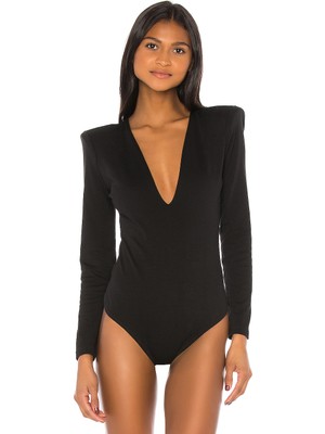 By Kul Design Kadın Siyah  Derin V Yaka Jarse Bodysuit