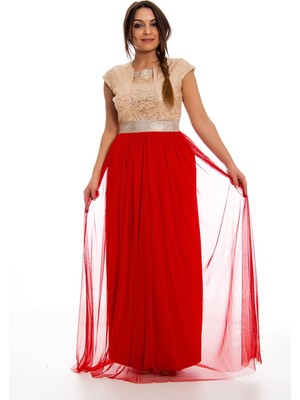 Modayız Kırmızı Gold Pul Işlemeli Abiye H8-124433