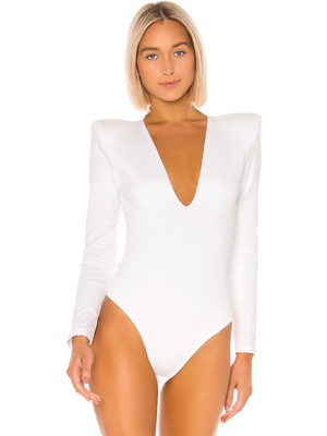 By Kul Design Kadın Beyaz Derin  V Yaka Vatkalı Jarse Bodysuit