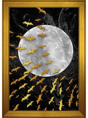 DB Sanat Kuşlar ve Dolunay Soyut Motifli Kanvas Tablo