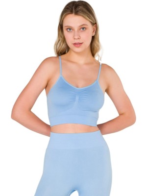 MiraLive New Season Büzgülü Ince Askılı Dikişsiz Seamless Crop Top Büstiyer Mavi