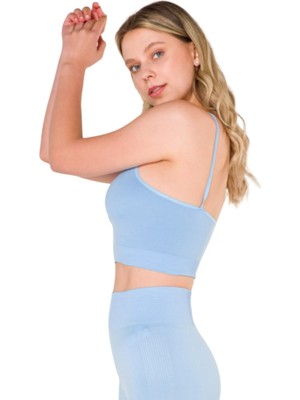 MiraLive New Season Büzgülü Ince Askılı Dikişsiz Seamless Crop Top Büstiyer Mavi