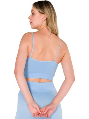 MiraLive New Season Büzgülü Ince Askılı Dikişsiz Seamless Crop Top Büstiyer Mavi