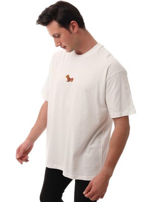 Sincap Nakışlı Relaxed Oversize Basic Erkek T-Shirt  Ekru 6001