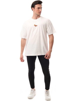 Sincap Nakışlı Relaxed Oversize Basic Erkek T-Shirt  Ekru 6001