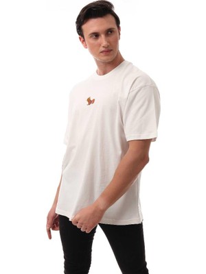 Sincap Nakışlı Relaxed Oversize Basic Erkek T-Shirt  Ekru 6001