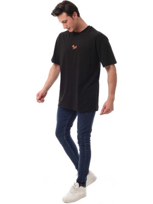 Sincap Nakışlı Relaxed Oversize Basic Erkek T-Shirt Siyah 6001