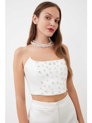 ROMAN Taş İşlemeli Straplez Saten Gepiyer Kemik K2414011_019