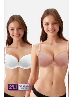 Pierre Cardin Ekru - Pembe 6807 2'li Paket Kansas Dantelli Micro Saten Sütyen Set Üçgen Kalıp ile Konforlu Tasarım